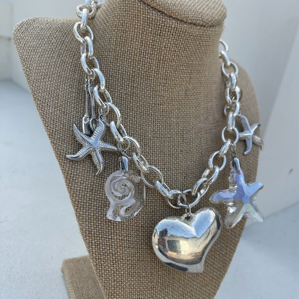 Silver Charm Necklace with Heart and Starfish